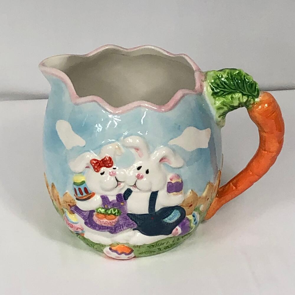 GKA Collector's Rabbit Couple Easter Egg Hunt Water Juice Pitcher Jug 7" Tall